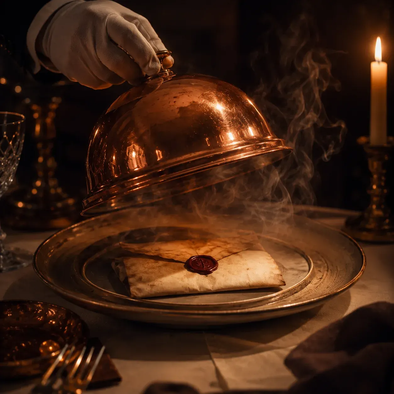 Un serveur ganté soulève une cloche en cuivre, révélant une note scellée à la cire