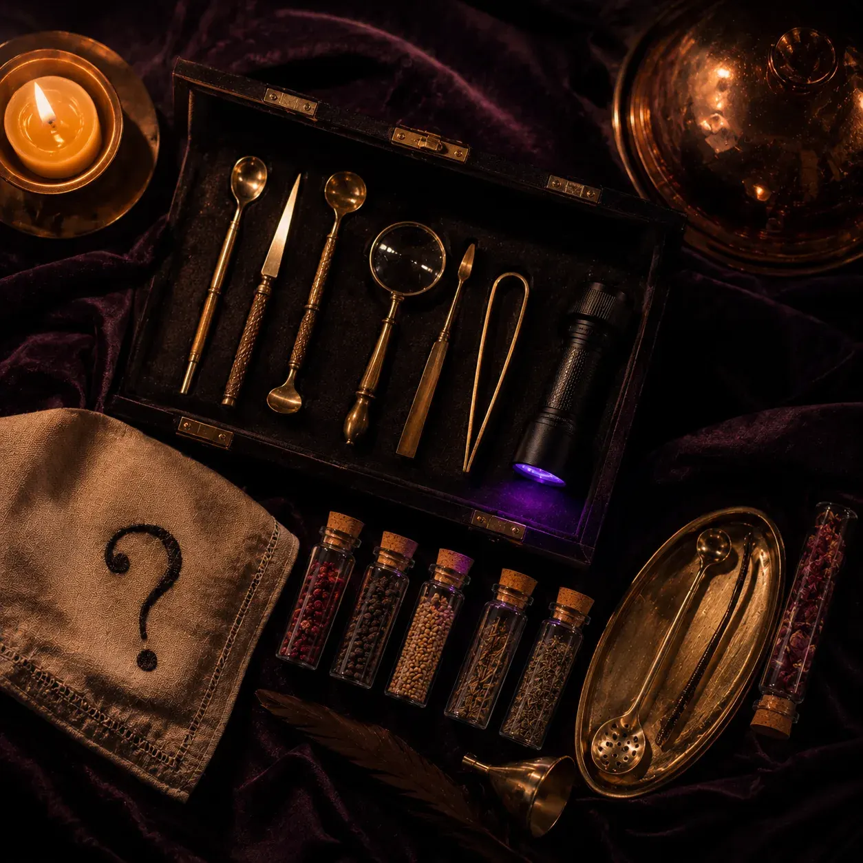 Le kit du détective gourmet : ustensiles de laiton, fioles d'épices et lampe UV sur velours sombre