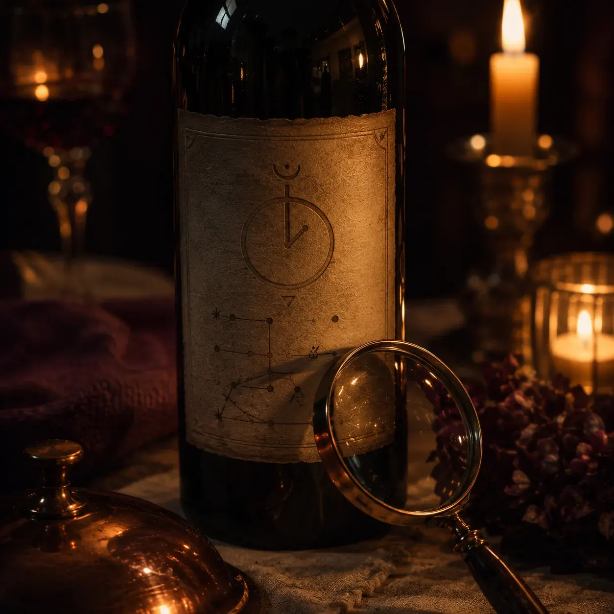 Une bouteille de vin à l'étiquette énigmatique, une loupe posée contre elle